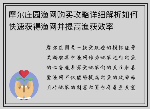 摩尔庄园渔网购买攻略详细解析如何快速获得渔网并提高渔获效率